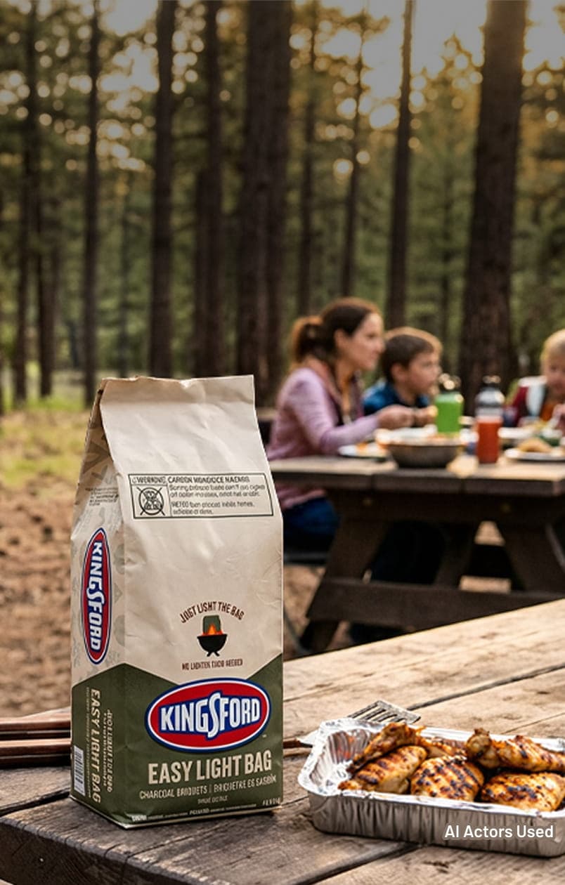 Kingsford Easy Light Bag charcoal next to grilled chicken at a campground picnic table