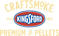 Red and blue Kingsford logo surrounded by the words Craftsmoke Premium Pellets ain yellow